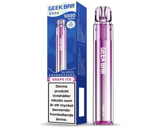 GEEK BAR Elite 1000 Grape Ice 20mg är en engångsvape med druvsmak och upp till cirka 1000 puffar. 