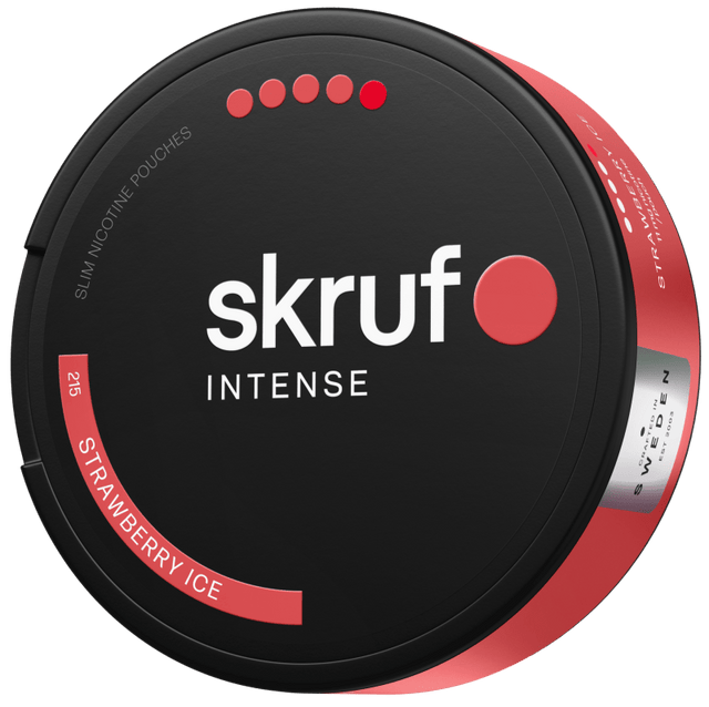 Skruf Intense No. 215 Strawberry Ice Ultra Strong – tobaksfritt vitt snus med jordgubbe och kylande mint, slim-prilla och stark nikotin.