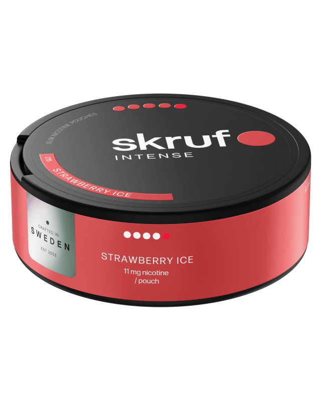 Skruf Intense No. 215 Strawberry Ice Ultra Strong – vita prillor utan tobak med söt jordgubbe och uppfriskande mint, extra starkt snus.