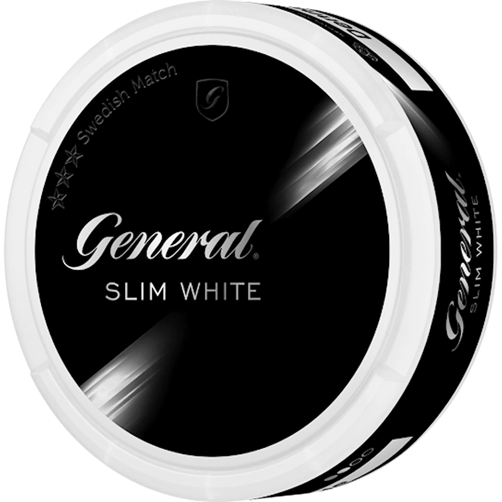 General Slim White – nikotinpåsar med ljus tobak och friska inslag av citrus och te, för en diskret och uppfriskande nikotinupplevelse.