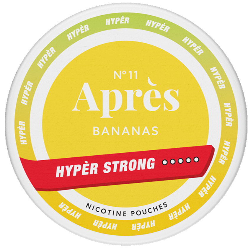 Après Bananas Hyper Strong – Extra starkt tobaksfritt vitt snus i slim-format med intensiv banansmak och hög nikotinhalt.